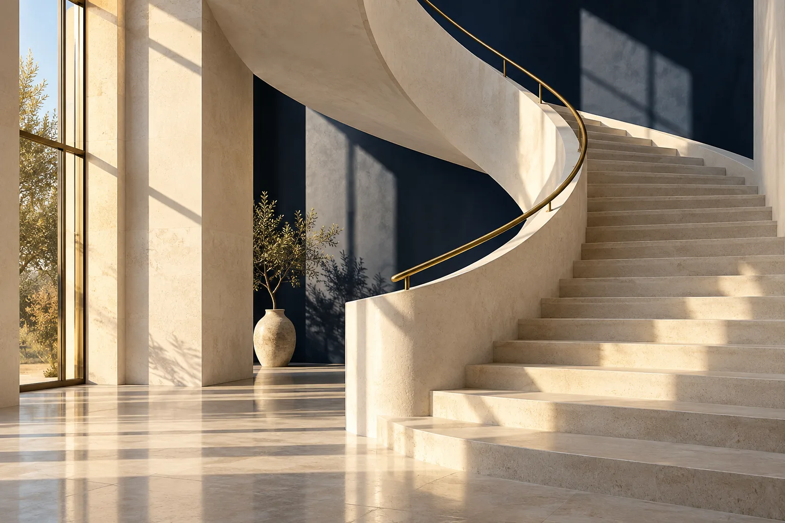 A limestone staircase curving upward in afternoon sun