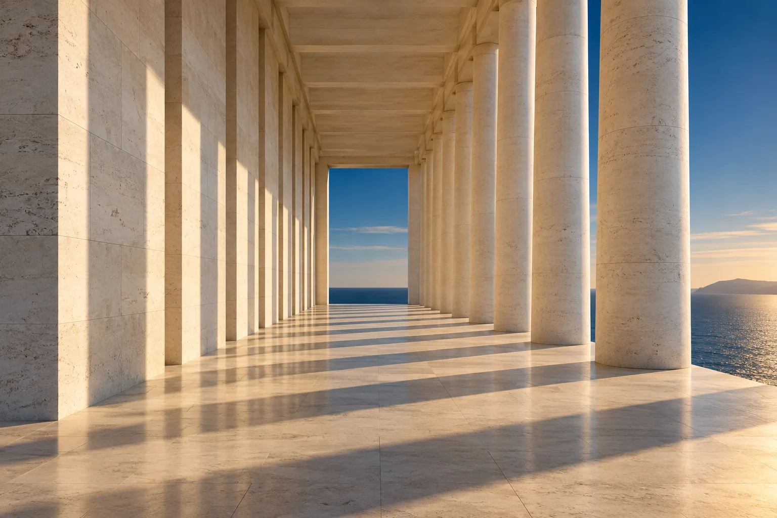 A colonnade of slender stone columns in daylight