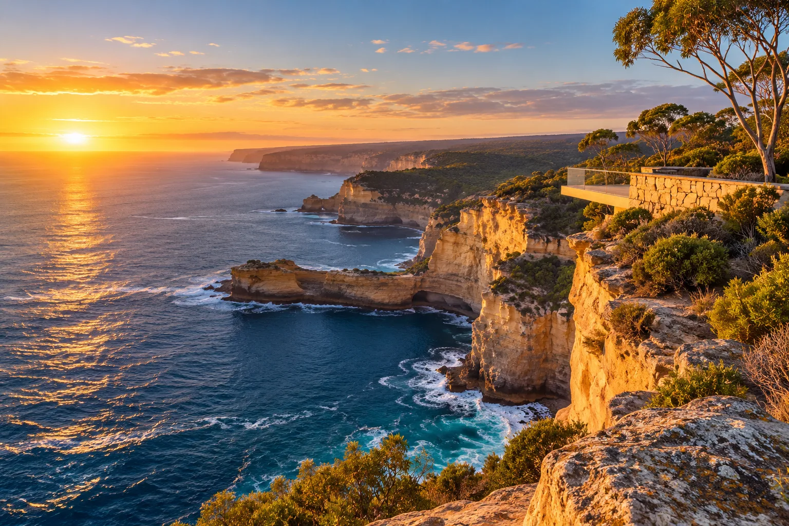 Sunrise over sandstone cliffs and gum trees on the Australian coast