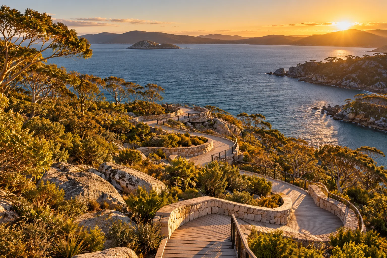 A boardwalk winding through coastal heath toward a calm bay