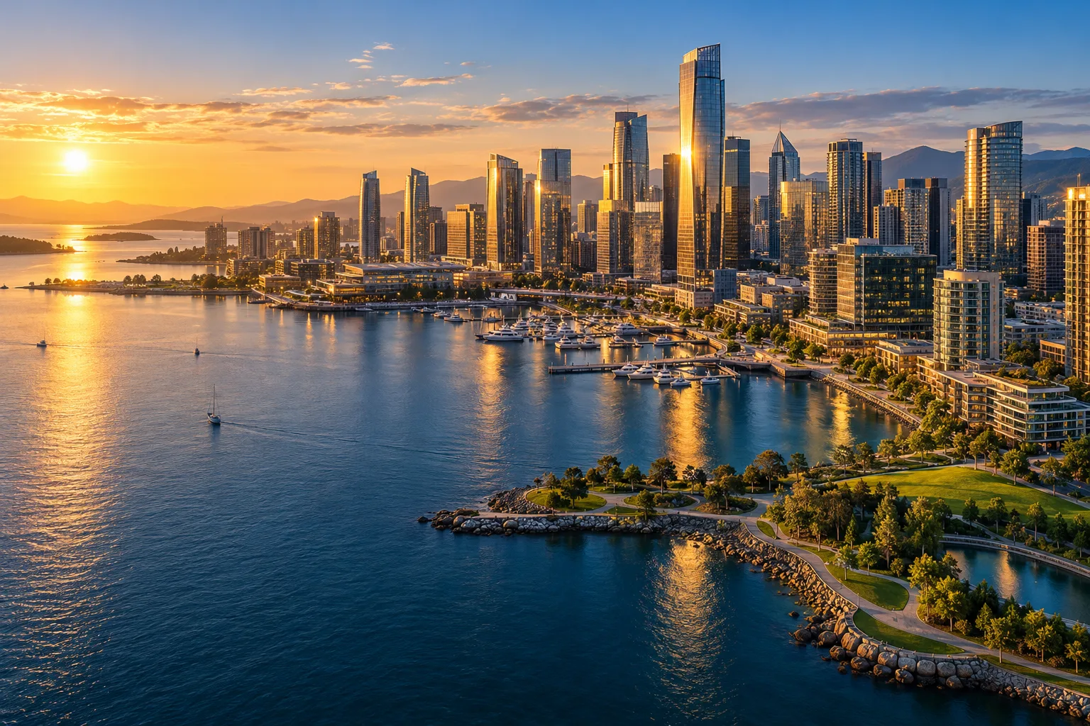 A harbour city's towers catching the evening light, seen from the air