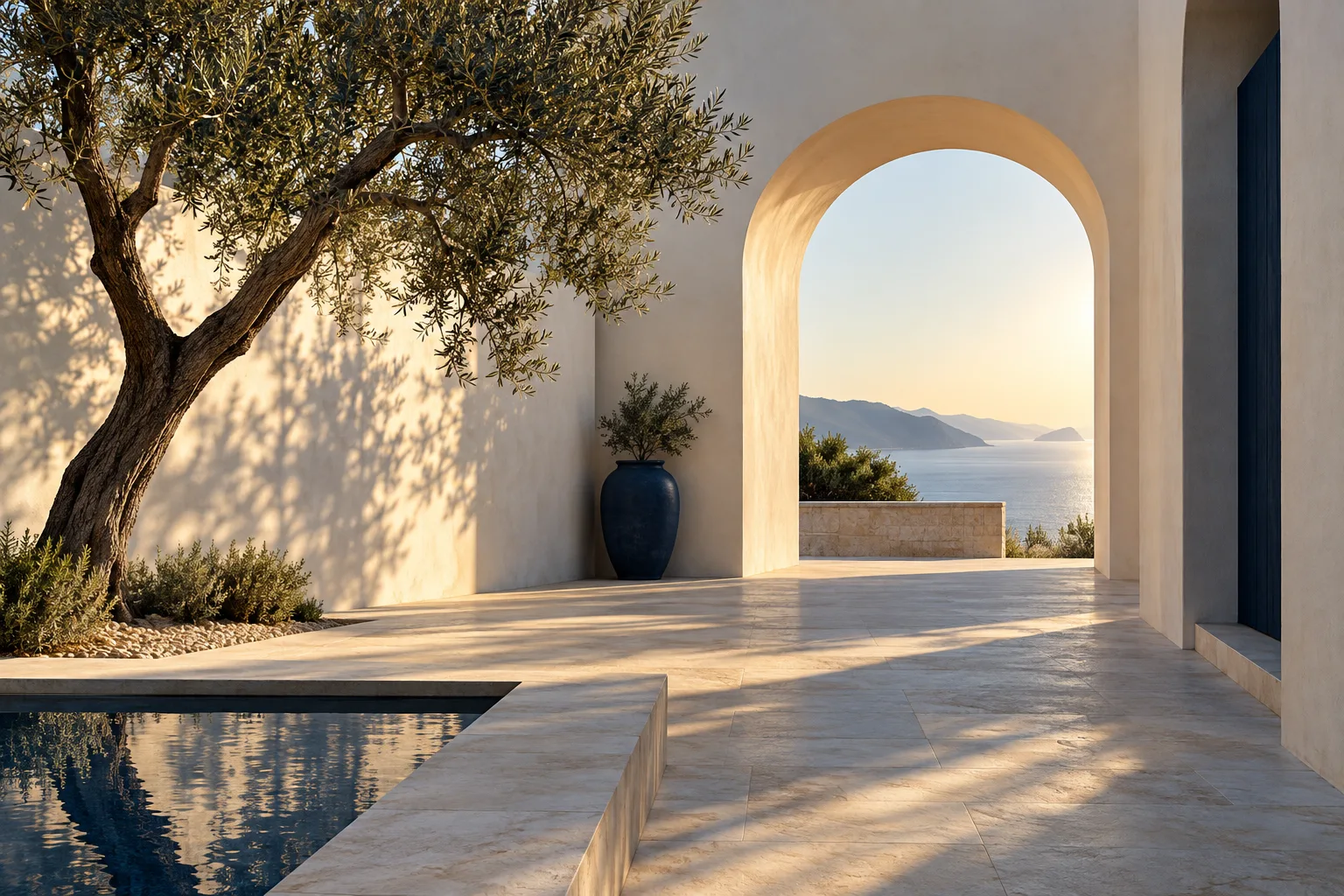 An olive tree casting shadows in a sunlit courtyard