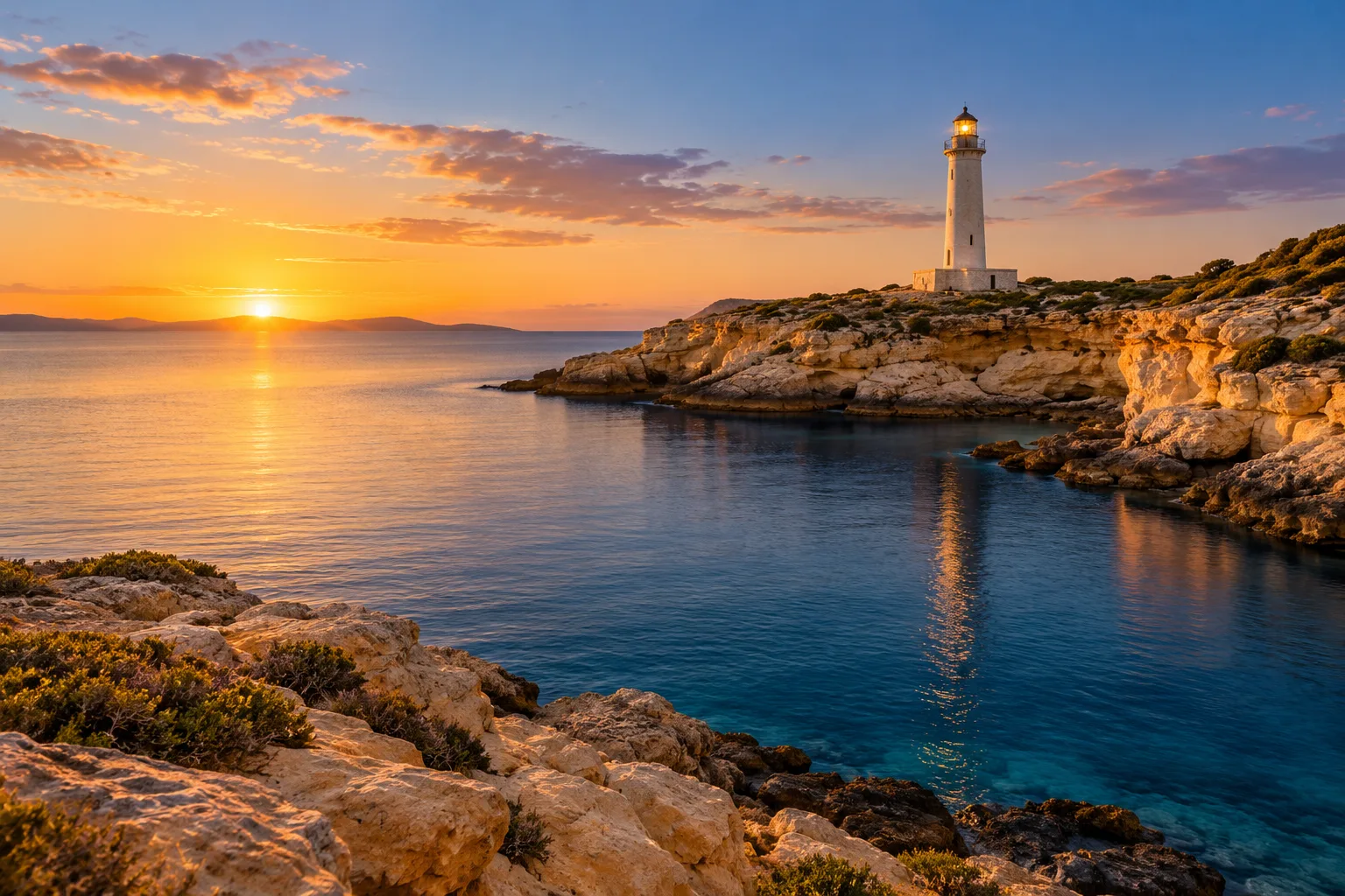 A lighthouse on a sandstone point above a still cove at dawn
