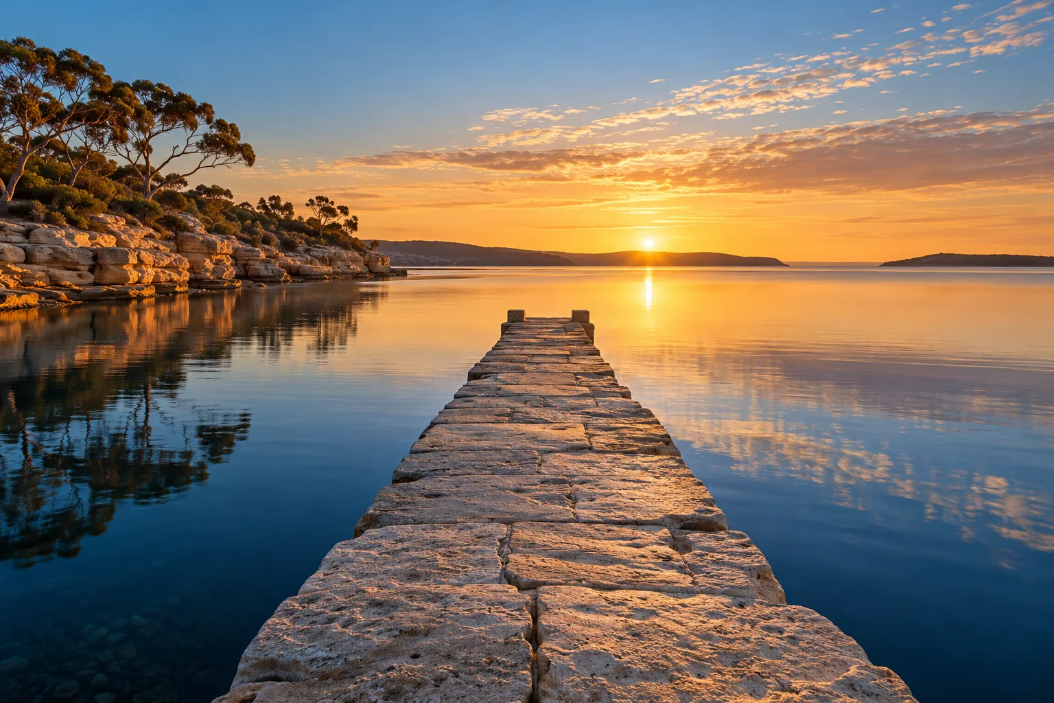 A stone jetty reaching across still water toward the sunrise